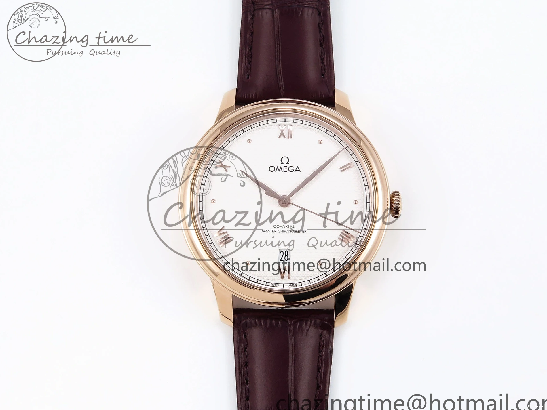 0121 Modern De Ville Date RG MKF 1:1 Best Edition White Textured Dial Roman Marker on Brown Leather Strap A 7752